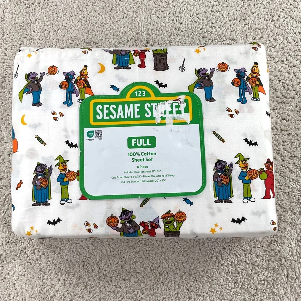 Sesame Street Halloween Full Sheet Set 100% Cotton 4pc Elmo Cookie Monster New